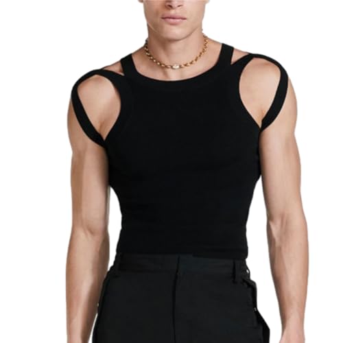 Ärmelloses Herren Tank Top Personality Double Straps Hollow Out Vest Schlanke Stretch Unterhemden(black,2XL) von Tynver