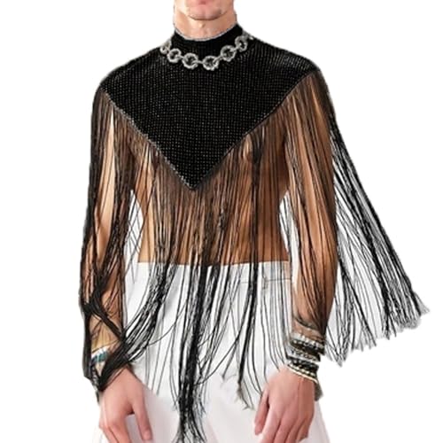 Herren Patchwork Poncho unregelmäßig ärmellos Rollkragenpullis mit Fransen Unterhemden Pullover Lose Passform Einzigartige Tank Tops Streetwear Weste(black,L) von Tynver