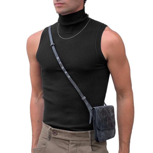 Herren Rollkragenpulli Ärmellos Tank Top Rippenstrick-Pullover Slim Fit Muskeln Stretch Casual Unterhemden Sommer-T-Shirt(black,L) von Tynver