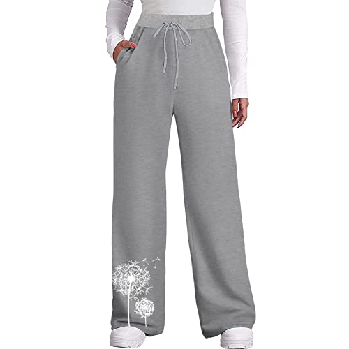 Sweathose Damen Lang Weites Bein Hohe Bund Kordelzug Gerade Yogahose Weite Einfarbig Taille Drucken Freizeithose mit Sweatpants Lange Damenhose Mit Taschen Lässige Kordelzug Sporthose von Tyoby