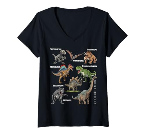Damen Arten von Dinosaurier-Grafiken, Dino-Identifikation, Dinosaurier-Kind T-Shirt mit V-Ausschnitt Damen Arten von Dinosaurier-Grafiken, Dino-Identifikation, Dinosaurier-Kind T-Shirt mit V-Ausschnitt von Types Of Famous Dinosaurs Dino Boy and Dino Girl