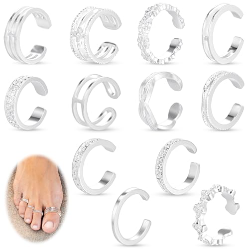 Tyqour 12 Stück Silber Zehenring Verstellbare Zehenringe für Frauen Toe Ring Offene Zehenringe Sommer Strand Fußschmuck für Damen Mädchen von Tyqour