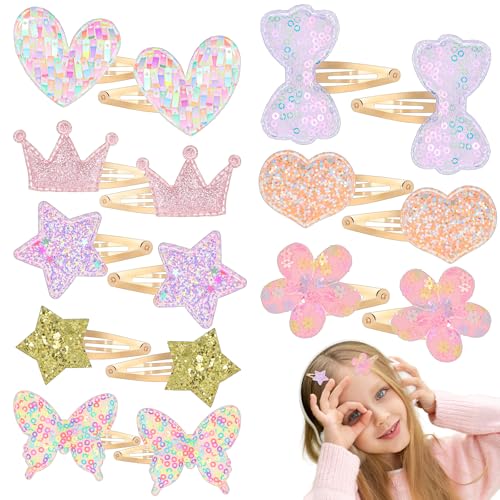 Tyqour 16 Stück Haarspangen Mädchen Glitzer, Krone Stern Herz Schmetterling Haarspangen Glitzer Haarklammern Mädchen, Haarspangen Kinder Bunt Metal Snap Barrettes for Girls, Kinder Haarschmuck von Tyqour