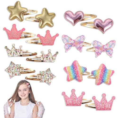 Tyqour 16 Stück Haarspangen Mädchen Krone Stern Herz Schmetterling Haarspangen Glitzer Haarklammern Metall Haarnadeln mit Druckknopf Haarclips Mädchen Süße Haarschmuck für Kleinkinder Kinder Damen von Tyqour