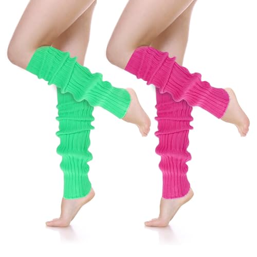 Tyqour 2 Paar Beinstulpen Neon Strümpfe für 80er 90er Jahre Damen Bein Stulpen Neon Pink Fluoreszierend Grün Gestrickte Beinstulpen 80er 90er Jahre Motto Party Fasching Karneval von Tyqour