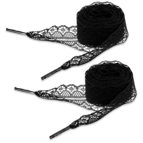 Tyqour 2 Paar Lace Schnürsenkel Spitze Schwarz 2.5CM Breite Spitzen Schnürsenkel Spitze Schuhbänder Breit Ballett-Stil Süße 120cm Lang für Frauen Damen Sportschuhe Laufschuhe Turnschuhe von Tyqour