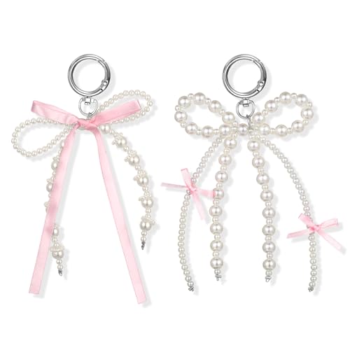 Tyqour 2 Stück Perlen Schleife Schlüsselanhänger Rosa Taschenanhänger Geldbörsen Schlüsselanhänger Damen Handgelenk Armband Anhänger Perlen Taschen Anhänger Mädchen Schmuckzubehör Geschenk für Frauen von Tyqour