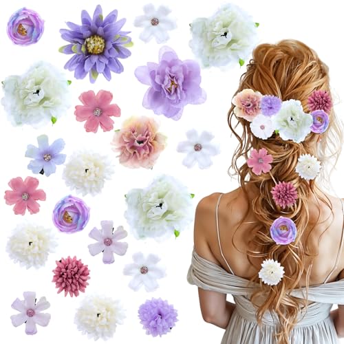 Tyqour 21st Blumen Haarspange Flower Hair Clip Lila Blumen Haarklammer für den Urlaub am Meer, Boho Haarclip Blume Haarschmuck Haarspangen Damen mit Hawaiianischen Rosen Haarnadeln für Mädchen Frauen von Tyqour