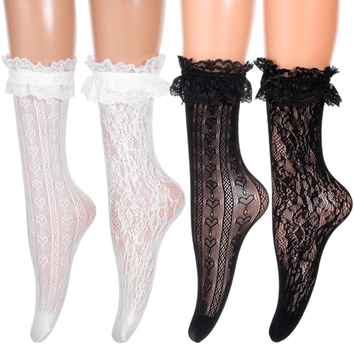 Tyqour 4 Paar Socken mit Rüschen Damen Spitzensocken Rüschen Socken Komfortsocken Prinzessinnen Rüsche Söckchen Mode Spitze Knöchelstrumpfband Rüschensocken für Damen Mädchen, Schwarz Weiße von Tyqour