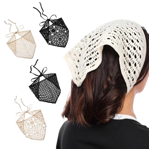 Tyqour 4 Stück Damen Boho Stirnbänder Häkelkopftuch Dreieck Kopftücher Hohl Gehäkeltes Bandanas Turban Krawatte Haarbänder Elastisches Haarschal für Frauen Mädchen, Gestricktes Kopftuch Damen Sommer von Tyqour