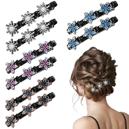 Tyqour 8 Stück Haarspange mit Kristallblume, Glitzernde Kristall-Stein Geflochtene Haarspangen, Strass-Haarspange mit 3 Mini Clips Doppelschicht Haarspangen für Frauen Mädchen von Tyqour