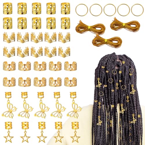 Tyqour 48 Stück Gold Haarschmuck für Zöpfe Gold Dreadlocks Schmuck Zopfschmuck mit Goldenen Anhängern, Loc Schmuck für Haar-Dreadlocks Verstellbar Cuffs Haar Dreadlock Zubehör fürDamen Mädchen von Tyqour