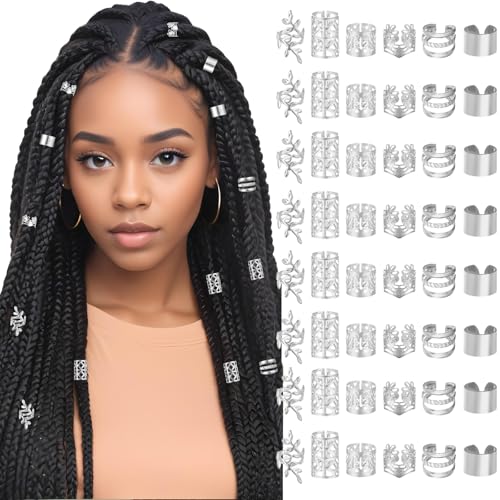Tyqour 48 Stück Silber Haarschmuck für Zöpfe Dreadlocks Schmuck Silber Haaranhänger Damen Verstellbar Braids Schmuck Verstellbar Cuffs Haarperlen Haarspiralen für Braids Zubehör Dekoration von Tyqour