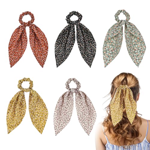 Tyqour 5 Stück Chiffon Haar Haargummis mit Schleife Bowknot Haargummi mit Schleife Vintage Floral Schal Haargummis,Haar Accessoire Satin Seide Haarband,Pferdeschwanz Haarschmuck für Frauen Mädchen von Tyqour