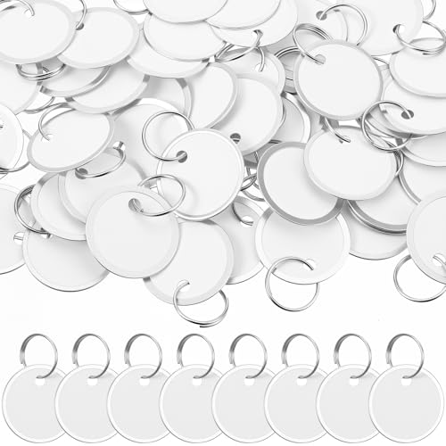Tyqour 50 Stück Schlüsselanhänger Beschriftbar Edelstahl Schlüsselanhänger zum Beschriften 3.1cm Runde Schlüsselanhänge mit Etiketten Schlüssel Beschriftung für Koffer Haustiere Gepäckstücke von Tyqour