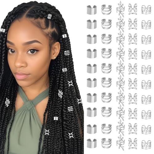 Tyqour 50 Stück Silber Haarschmuck für Zöpfe Dreadlocks Schmuck Silber Haarperlen zum Klipsen Haaranhänger Damen Verstellbar Braids Schmuck Metall Haarspiralen Clips für Männer Frauen Braids Zubehör von Tyqour