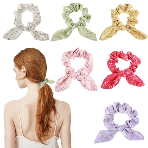 Tyqour 6 Stück Haargummis mit Schleife Satin Haargummis Weiche Elastische Seide Scrunchies für Damen, Hase Ohrschleife Haarband Silk Pferdeschwanzhalter für Damen Frauen Mädchen Haarschmuck von Tyqour