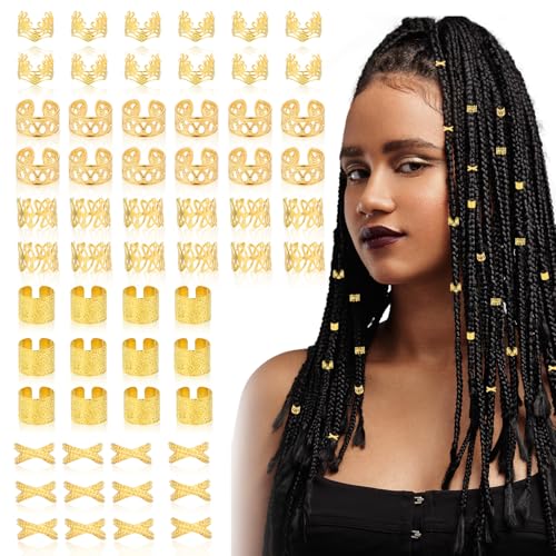 Tyqour 60 Stück Gold Haarschmuck für Zöpfe Goldener Pirat Haarschmuck Zöpfe Haarringe, Loc Schmuck Haar Haarspiralen, Verstellbar Cuffs Haar Dreadlock Zubehör für Damen Mädchen von Tyqour