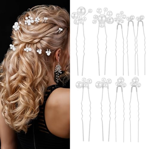 Tyqour 9 Stück Perlen Haarnadeln Hochzeit Haarschmuck Perlen Hochzeit Haarnadeln Braut U-Förmige Haarschmuck Braut Haarspange Haarklammer Silber Haarnadel Damen Mädchen für Party Prom Alltag von Tyqour
