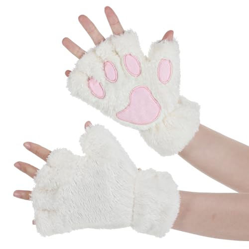 Tyqour Cat Paws Handschuhe Fingerless,Fingerlose Handschuhe Damen Mädchen Kinder Winter Plüschhandschuhe Katzen Handschuh Dicken Plüsch Halb Handschuhe Cartoon Tier Bär Katze Krallen Winterhandschuhe von Tyqour