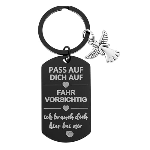 Tyqour Fahr Vorsichtig Schlüsselanhänger Auto Glücksbringer Schutzengel Edelstahl partner Geschenke ich liebe dich geschenke für männer Partner mann Ihn Freund boyfriend Ehemann Vater Papa von Tyqour