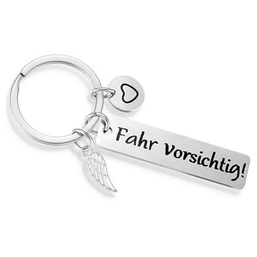 Tyqour Fahr Vorsichtig Schlüsselanhänger Schutzengel Auto Glücksbringer Schlüsselanhänger Edelstahl Führerschein Bestanden Geschenk Führerscheinprüfung für Männer Frauen Ihn Freund Ehemann Vater Papa von Tyqour
