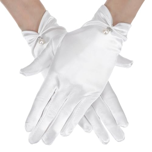 Tyqour Kurze Handschuh Satin Handschuhe Damen Weiße Handschuhe Damen Elegant Brauthandschuhe Kurze Spitzenhandschuhe Lace Gloves Women Perlenhandschuhe für Hochzeitsbankettkleider Partytänze von Tyqour