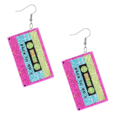 Tyqour Retro Kassettenband Ohrringe Acryl Neon Ohrringe 80er 90er Neon-Ohrring für Frauen 80er Jahre Ohrring Frauen Damen Hängeohrringe für Mottoparty 80er-Kostüm Party Maskerade Frau Mädchen von Tyqour