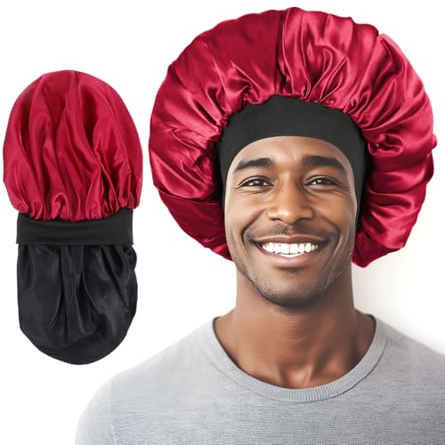 Tyqour Seidenhaube zum Schlafen Nacht Schlafmütze Satin Bonnet Doppelschicht Weiche Silk Bonnet Sleep Cap Rot Verstellbare Schlafhaube aus Seide Schlafkappe mit Gummizug für Damen Herren Kinder von Tyqour