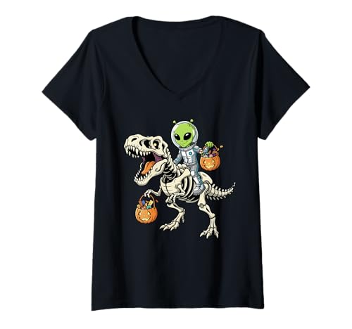 Damen Alien REIT-Skelett T-Rex Lustiger Halloween-Dinosaurier T-Shirt mit V-Ausschnitt Damen Alien REIT-Skelett T-Rex Lustiger Halloween-Dinosaurier T-Shirt mit V-Ausschnitt von Tyrannosaurus Rex Halloween Merch