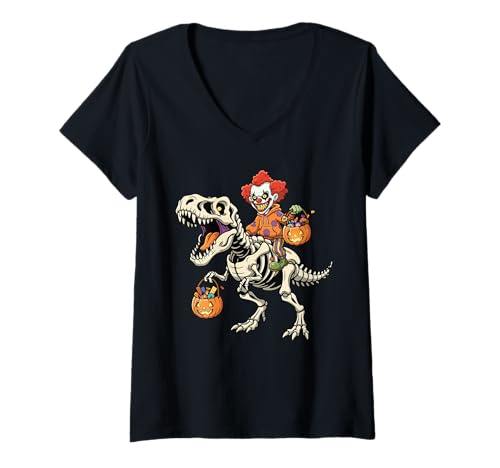 Damen Clown Reiten Skelett T-Rex Lustiger Halloween Dinosaurier T-Shirt mit V-Ausschnitt Damen Clown Reiten Skelett T-Rex Lustiger Halloween Dinosaurier T-Shirt mit V-Ausschnitt von Tyrannosaurus Rex Halloween Merch