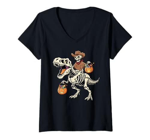 Damen Cowboy Reiten Skelett T-Rex Lustiger Halloween Dinosaurier T-Shirt mit V-Ausschnitt Damen Cowboy Reiten Skelett T-Rex Lustiger Halloween Dinosaurier T-Shirt mit V-Ausschnitt von Tyrannosaurus Rex Halloween Merch