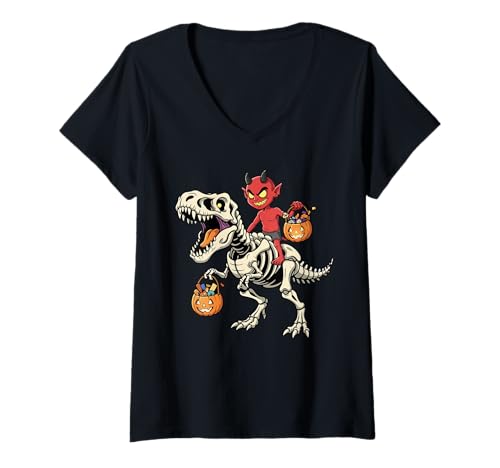 Damen Dämon Reiten Skelett T-Rex Lustiger Halloween Dinosaurier T-Shirt mit V-Ausschnitt Damen Dämon Reiten Skelett T-Rex Lustiger Halloween Dinosaurier T-Shirt mit V-Ausschnitt von Tyrannosaurus Rex Halloween Merch