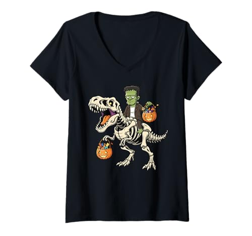 Damen Frankenstein Reitskelett T-Rex Lustiger Halloween Dinosaurier T-Shirt mit V-Ausschnitt Damen Frankenstein Reitskelett T-Rex Lustiger Halloween Dinosaurier T-Shirt mit V-Ausschnitt von Tyrannosaurus Rex Halloween Merch