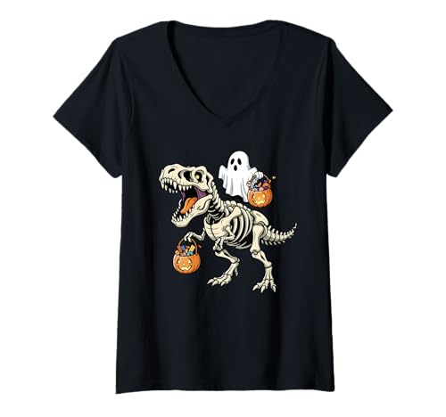 Damen Ghost Riding Skelett T-Rex Lustiger Halloween Dinosaurier T-Shirt mit V-Ausschnitt Damen Ghost Riding Skelett T-Rex Lustiger Halloween Dinosaurier T-Shirt mit V-Ausschnitt von Tyrannosaurus Rex Halloween Merch