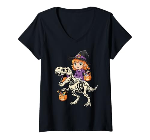 Damen Hexe Reiten Skelett T-Rex Lustiger Halloween Dinosaurier T-Shirt mit V-Ausschnitt Damen Hexe Reiten Skelett T-Rex Lustiger Halloween Dinosaurier T-Shirt mit V-Ausschnitt von Tyrannosaurus Rex Halloween Merch