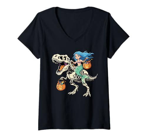 Damen Meerjungfrau Reiten Skelett T-Rex Lustiger Halloween Dinosaurier T-Shirt mit V-Ausschnitt Damen Meerjungfrau Reiten Skelett T-Rex Lustiger Halloween Dinosaurier T-Shirt mit V-Ausschnitt von Tyrannosaurus Rex Halloween Merch