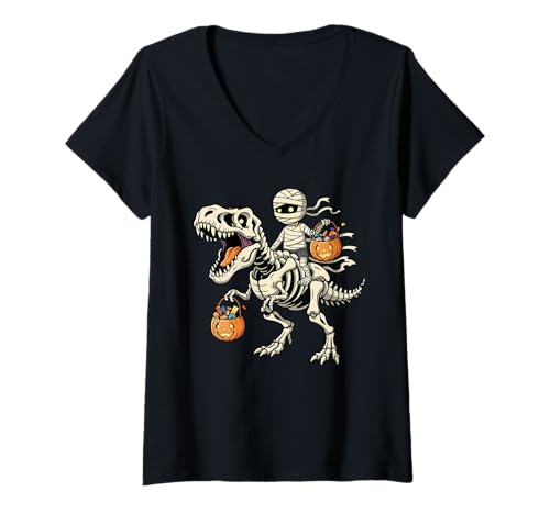 Damen Mummy Riding Skelett T-Rex Lustiger Halloween Dinosaurier T-Shirt mit V-Ausschnitt Damen Mummy Riding Skelett T-Rex Lustiger Halloween Dinosaurier T-Shirt mit V-Ausschnitt von Tyrannosaurus Rex Halloween Merch