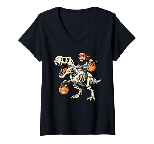 Damen Pirat Reiten Skelett T-Rex Lustiger Halloween Dinosaurier T-Shirt mit V-Ausschnitt Damen Pirat Reiten Skelett T-Rex Lustiger Halloween Dinosaurier T-Shirt mit V-Ausschnitt von Tyrannosaurus Rex Halloween Merch