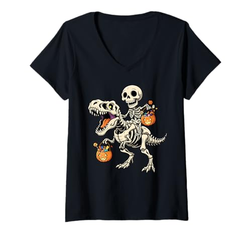Damen Skelett Reiten Skelett T-Rex Lustiger Halloween Dinosaurier T-Shirt mit V-Ausschnitt Damen Skelett Reiten Skelett T-Rex Lustiger Halloween Dinosaurier T-Shirt mit V-Ausschnitt von Tyrannosaurus Rex Halloween Merch