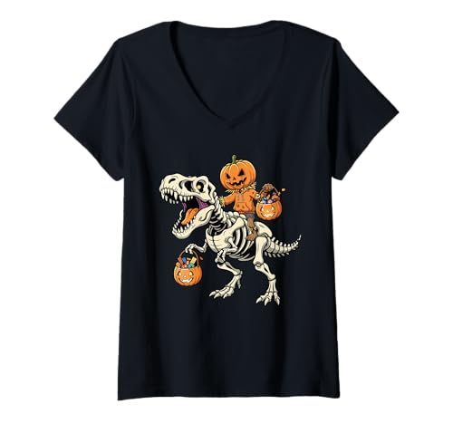 Damen Vogelscheuche Reiten Skelett T-Rex Lustiger Halloween Dinosaurier T-Shirt mit V-Ausschnitt Damen Vogelscheuche Reiten Skelett T-Rex Lustiger Halloween Dinosaurier T-Shirt mit V-Ausschnitt von Tyrannosaurus Rex Halloween Merch