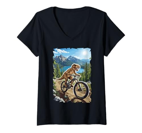 Damen Dinosaurier-Mountainbiking durch Waldweg T-Shirt mit V-Ausschnitt Damen Dinosaurier-Mountainbiking durch Waldweg T-Shirt mit V-Ausschnitt von Tyrannosaurus Rex Rides Bicycle Woods Terrain
