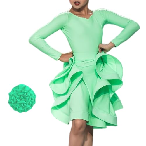 Tytyozay 2025 Latein-Tanzkleid Für Mädchen, 2-Teilig Geschlitzter V-Ausschnitt Lange Ärmel Tanzkleidung Plissierter Großer Swingrock Für Salsa Rumba Cha-Cha Samba Tango,Green b,XL von Tytyozay
