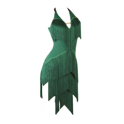 Tytyozay Damen Quaste Latein Tanzkleid, V-Ausschnitt Asymmetrischer Latein Tanzrock Wettkampfkostüm Für Erwachsene Für Walzer Ballsaal Salsa Samba Tango Cha Cha,Grün,XXL von Tytyozay