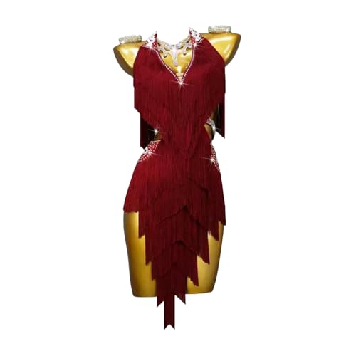 Tytyozay Lateinisches Tanzkleid Mit Fransen Für Damen, V-Ausschnitt Neckholder Strass-Tanz-Outfits Asymmetrische Partykleider Mit Quaste Für Walzer Tango Ballsaal Cha-Cha Salsa Rumba,Rot,XL von Tytyozay