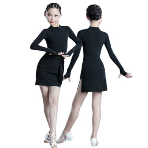Tytyozay Mädchen Rumba Samba Latein Tanzkleid, Gesellschaftstanz Kostüm Salsa Tango Kleid Tanzen Bühnenauftritt Kleidung Rock,Schwarz,130 von Tytyozay
