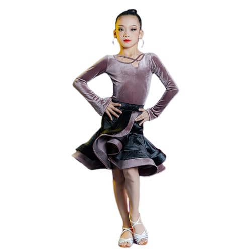 Tytyozay Samt Mädchen Latein Tanzkleid, Langarm Herbst Und Winter Wettkampfkleid Geteiltes Kleid Für Samba Tango Rumba Cha Cha,Lila,130 von Tytyozay
