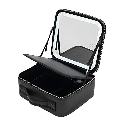 Reise Make up Tasche, Schminkkoffer mit Dimmbare Beleuchtetem Spiegel und 3-Farbiges LED-Licht, Kosmetiktasche PU Leder Make-up-Organiser für Damen, 26x23x11cm (Schwarz) von Tyvotrend