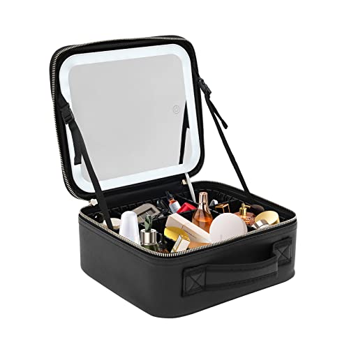 Reise Make up Tasche, Schminkkoffer mit Dimmbare Beleuchtetem Spiegel und 3-Farbiges LED-Licht, Kosmetiktasche PU Leder Make-up-Organiser für Damen, 26x23x11cm (Weiß+Schwarz) von Tyvotrend