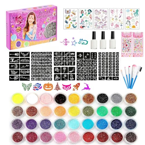 Glitzer Tattoo Set Mädchen Temporäres, Tattoo Kinder 36 Temporäre Tattoo Kit, Glitzertattoos Kinder Set, 222 Schablonen, 5 Pinsel, 3 Kleber, Wasserdichte Tattoos für Partys Glitzer Tattoo Set Mädchen Temporäres, Tattoo Kinder 36 Temporäre Tattoo Kit, Glitzertattoos Kinder Set, 222 Schablonen, 5 Pinsel, 3 Kleber, Wasserdichte Tattoos für Partys von Tznmone